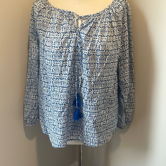 RE-Imagined by J. Crew, Women’s blue white keyhole-tassel tie neck blouse - Picture 1 of 7